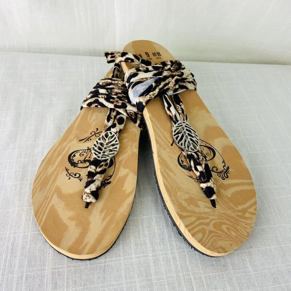 Chula 3 Loop Flat Lace Up Sandals Leopard‎ Interchangeable Laces Womens 8-9 NEW